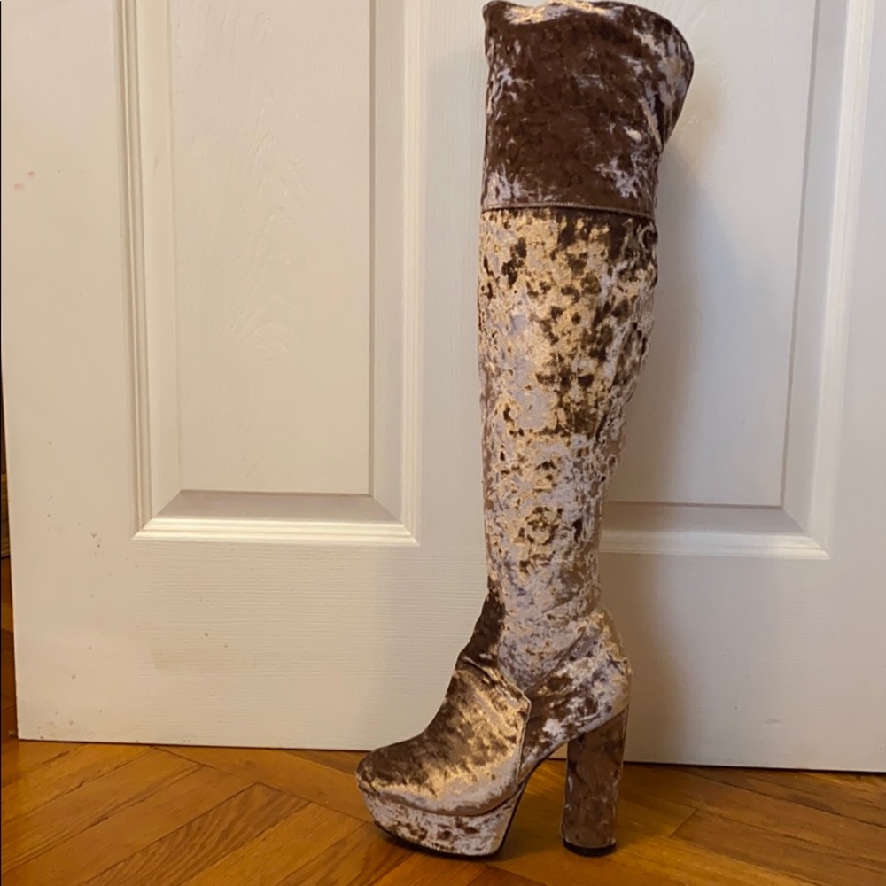 pink velvet high heel boots